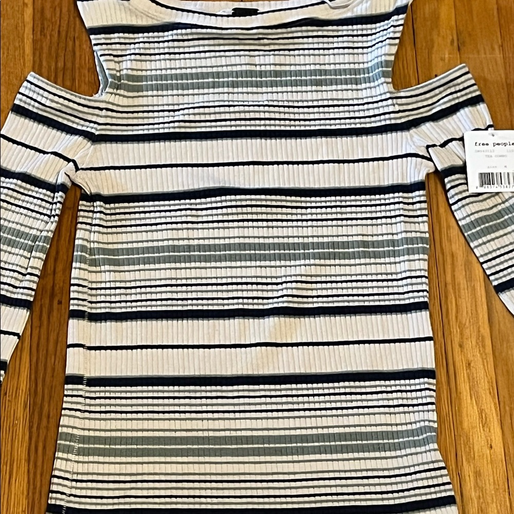 Free People Top M Blue Ivory Open Shoulder NEW